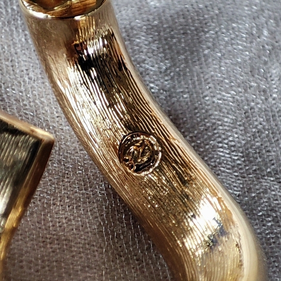 Swarovski Signed Baguette Multi Color Rhinestone Curled Gold Tone Hoop Earrings - Picture 5 of 12